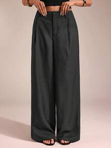 SHEIN Forever 21 女士裤子商务休闲女士西装女士阔腿裤办公室女士服装宽松裤职业女性服装办公室服装灰色 - 深灰色 - 查看 7