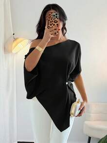 Rafferiza 优雅、日常休闲百搭，性感斜肩设计，不对称剪裁，落肩袖，腰部褶裥，绿色女士春夏上衣，衬衫，不对称肩部上衣 - 黑色 - 查看 5