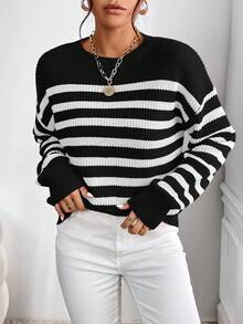 Zielony 女士休闲条纹圆领落肩长袖毛衣，秋季 - 黑色 - 查看 5