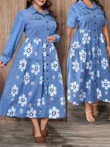 EMERY ROSE Plus Size Women Casual Light Blue Printed Long Sleeve Denim Dress - Light Wash - View 2