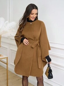 Ellevyn 女士优雅通勤斗篷式圆领中长款外套，秋冬季外出沙特国庆节圣诞节服装女士秋季服装冬季外套 - 摩卡棕 - 查看 12