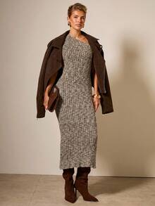 COSMINA Vestido de suéter de unicolor con cuello asimétrico ajustado para mujer en otoño/invierno - Multicolor - Ver 4