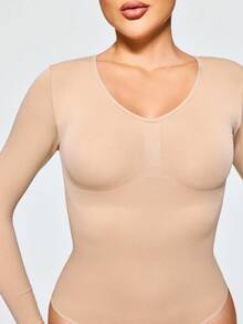 SHAPORA 女士纯色圆领长袖修身紧身衣 - 杏色 - 查看 5