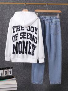 SHEIN 2 Stücke Tween Jungen Lässige, locker sitzende, bequeme Motorrad Punk COOL Grafik Muster Langarm Hoodie und Relaxed Fit Jeans Set, geeignet für Herbst/Winter Ausflüge, Schule, Partys, Feiertage - Weiss - Übersicht 2