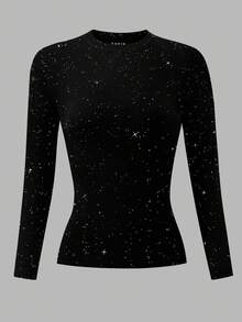 INAWLY 闪亮亮片加大码长袖圆领T恤 - 黑色 - 查看 4