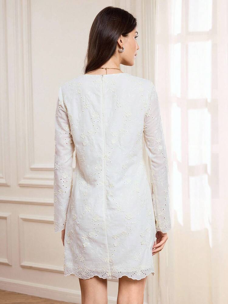 Women's Elegant Embroidered Floral Dress, Fitted Silhouette Dress For Formal Occasions, Autumn/Winter,Women's Fall Dress,Chic Women's Dress,White Dress New Year, Zip-Up Dress