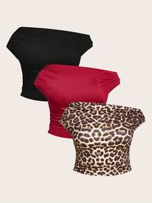 Sweetra Camiseta de manga corta con hombros descubiertos de unicolor para mujer de talla grande, top casual ajustado y sexy para el verano con hombros descubiertos - Multicolor - Ver 1