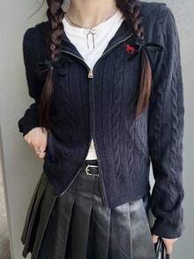 FRIFUL Cárdigan casual de ajuste ceñido con capucha, azul marino, con patrón de bordado en contraste, adecuado para el otoño - Azul Marino - Ver 7