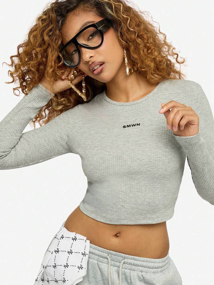 SUMWON WOMEN Ribbed Long Sleeve Crop Top With Branding