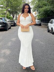 NegzBox Women's Elegant Texture Solid Color Tied Neck Fitted Maxi Fishtail Dress - White - View 6