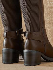 SHUZIA Women's Stylish & Comfortable Block Heel Knee-High Boots With Buckled Strap For Christmas