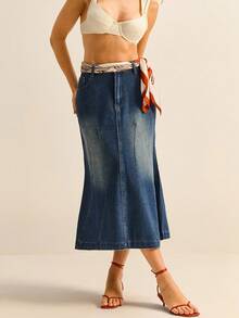 Daynim 女士休闲牛仔纽扣 A 字裙，百搭日常穿着 - 中等水洗藍 - 查看 4