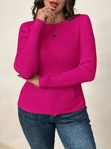 SHEIN Clasi Áo len cổ tròn tay dài màu mơ cỡ lớn cho nữ, áo chui đầu thiết yếu cho mùa thu/đông - Màu Hồng Tươi - Xem 4