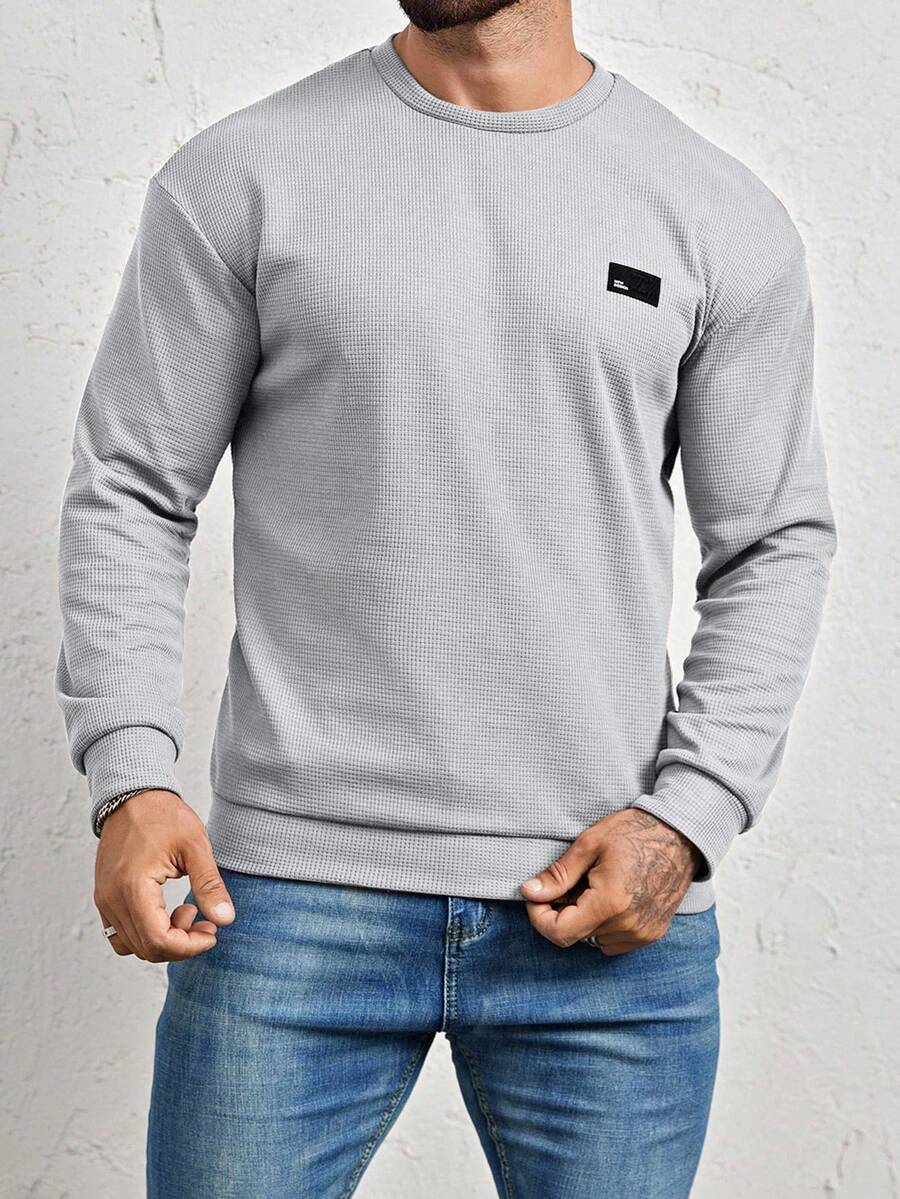 Manfinity Homme Loose Fit Men's Letter Patched Detail Sweatshirt, Fall Grey Sweatshirt, Long Sleeve Top - Light Grey - View 1