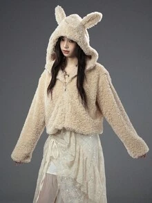 Bloopia 复古甜美可爱毛绒兔耳宽松女款秋冬万圣节新款羊羔绒短款连帽衫 - 卡其色 - 查看 1