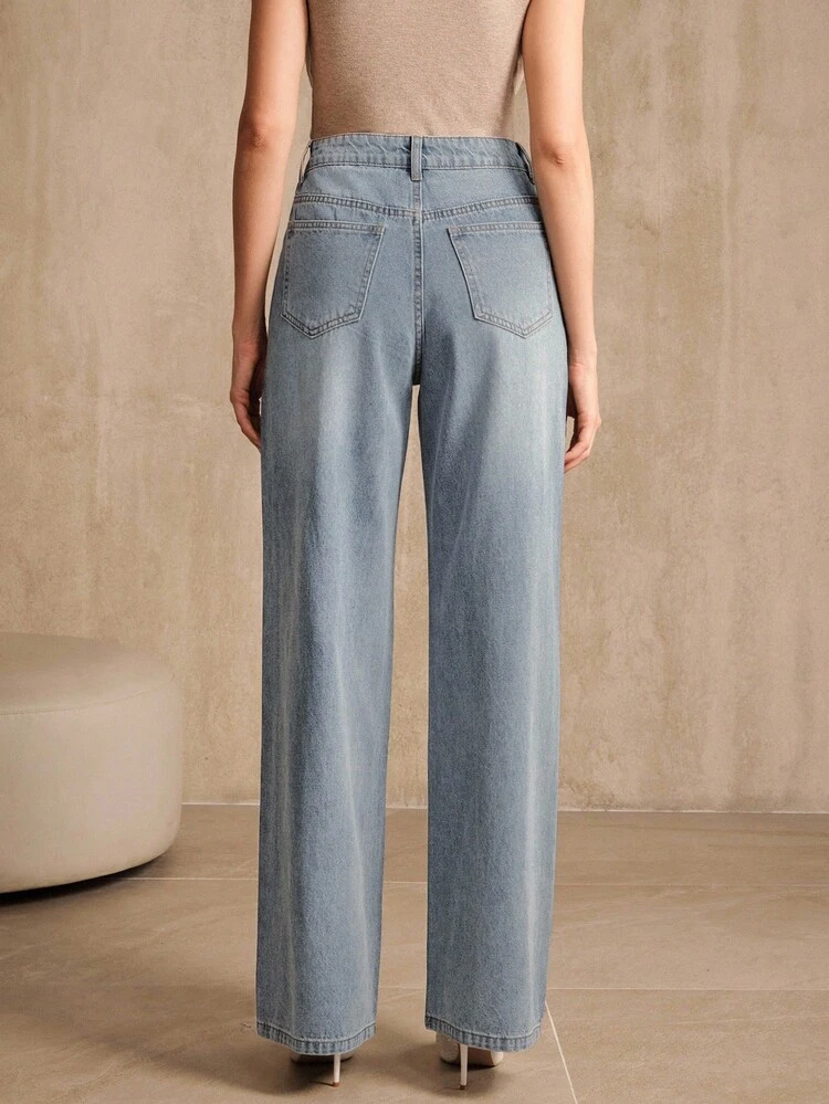 Streetwear Fashion Diamond Embellished Women's Straight Leg Blue Jeans, Suitable For Fall, Winter, New Year, Elegant, Chic, Stylish, Christmas, Going Out