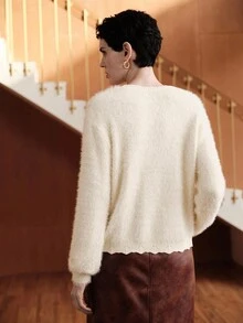 Uhlyne Vintage French Chic Versatile Casual Loose Apricot Crew Neck Faux Fur Texture Twist Rope Knit Sweater, Suitable For Autumn/Winter, Back To School, Party, Earth Tone For Women - Apricot - View 5