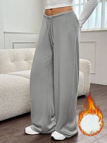 SHEIN Tall 女士毛绒灰色 V 型腰带带抽绳和可调节肩带毛绒保暖阔腿运动裤，适合休闲家居秋冬保暖 - 淺灰色 - 查看 3