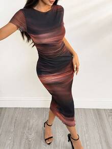 SHEIN PETITE 女士时尚网纱印花短袖长连衣裙，春夏女装，夏季女装，工作夏季连衣裙，中长连衣裙，沙滩派对毕业礼服，办公室女士连衣裙，机场夏季蜜月女士连衣裙，波西米亚风女士夏季连衣裙 - 棕色 - 查看 6