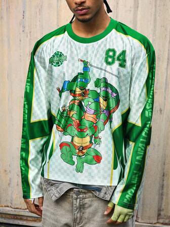 TEENAGE MUTANT NINJA TURTLES X ROMWE T-shirt à manches longues pour homme, décontracté, à la mode, sportif, imprimé tortue et chiffres, style dessin animé, à carreaux, ample, printemps/automne