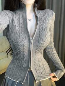 Women's Textured Cable Knit Sexy Fitted Sporty Sweater, Color Block Lace Patchwork Stand Collar Casual Cardigan, Autumn/Winter - Grey - View 10