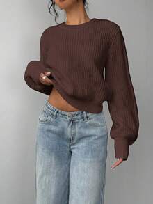 SHEIN BASICS 女士纯色圆领长袖休闲宽松针织毛衣，秋冬 - 咖啡棕 - 查看 3