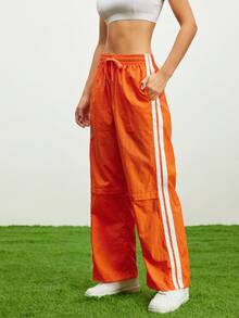 SHEIN Cheerettes 女式抽绳腰侧条纹印花口袋休闲宽松运动裤 - 橘色 - 查看 4