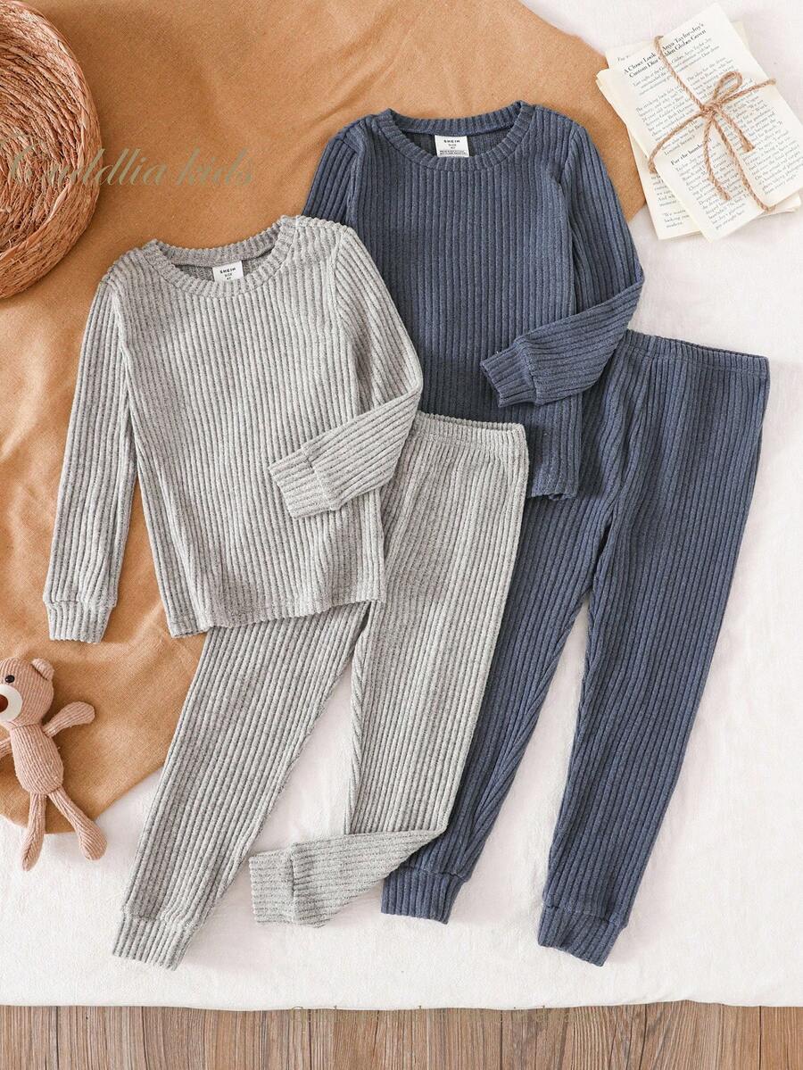 4pcs/Set Young Boy Comfortable Soft Gray & Blue Long Sleeve Top And Pants Pajama Set, Spring/Autumn/Winter Fall - Multicolor - View 1