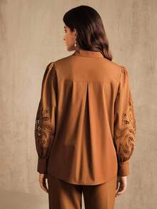 Anewsta Women's Elegant Halloween & Christmas Hollow Out Embroidered Solid Color Long Sleeve Loose Blouse, Autumn/Winter - Khaki - View 2
