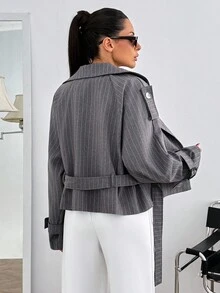 EURMUSE Women Striped Detailed With Belted Blazer Jacket