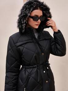 CLARA VERO Long ,Hooded Cinched Waist Padded Coat - Black - View 7
