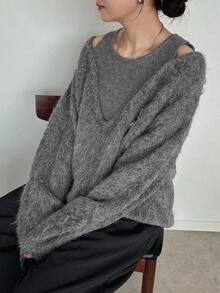 FRIFUL 女士二合一拼接宽松露肩加厚保暖套头衫，秋季 - 灰色 - 查看 6