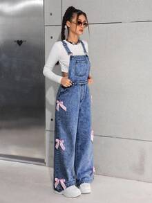 SHEIN 少女牛仔背带裤和连体裤，阔腿工装裤，粉色蝴蝶结牛仔裤，少女工装裤，女式牛仔工装裤，蝴蝶结工装裤 - 深色水洗藍 - 查看 5