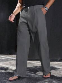 Manfinity Homme 男士柔软轻便直筒宽松休闲裤，适合夏季和秋季穿着 - 深灰色 - 查看 4