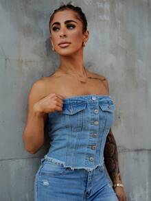 SAYEHFBABY 毛邊下擺鈕扣前筒牛仔上衣 - 淺色水洗藍 - 查看 1