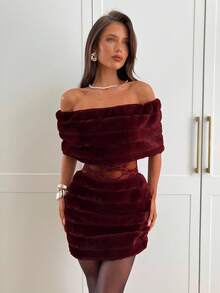 Aloruh Women's Burgundy Autumn Elegant Seksi Chic Night Out Off Shoulder Faux Fur Lace Patchwork Bodycon Mini Birthday Dress,Luxury Evening Party Dresses - Burgundy - View 7