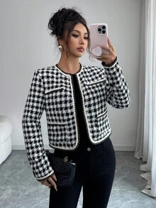 Elenzga Chaqueta de mujer de tela elegante y romántica para ir al trabajo - Blanco y Negro - Ver 1