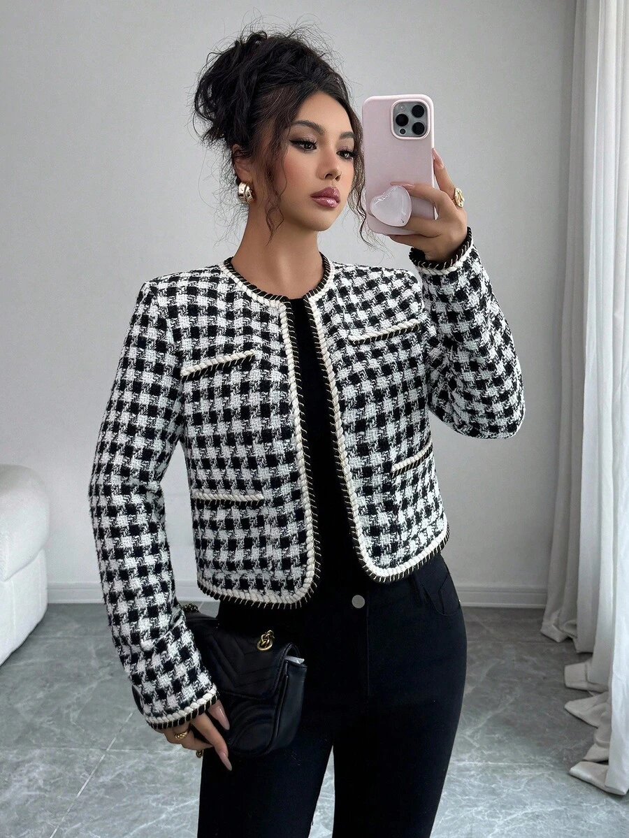 Elenzga Chaqueta de mujer de tela elegante y romántica para ir al trabajo - Blanco y Negro - Ver 1