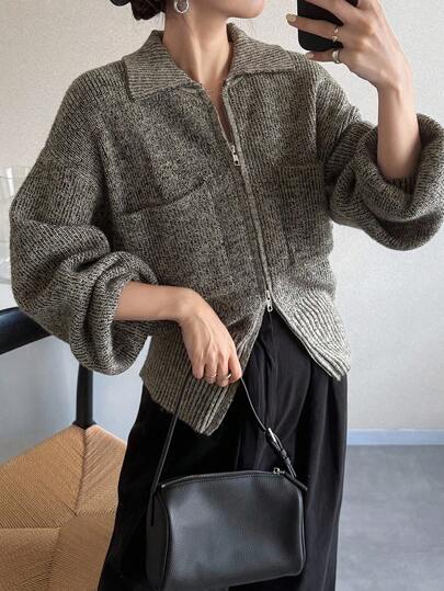 FRIFUL 女式灰色翻领落肩长袖双拉链下摆罗纹宽松休闲套头衫，秋季