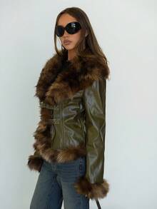 SHEIN ICON 女式秋冬保暖性感辣妹都市现代时尚前卫简约个性酷炫复古千禧风格 Y2K 拼接皮草大翻领修身绿蜡皮人造皮草大衣，秋季 - 綠色 - 查看 7