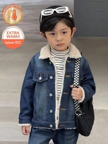 SHEIN Little Byeori 2pcs Young Boy Blue Denim Fleece Collar Long Sleeve Jacket And Loose Fit Thick Pants Set, Suitable For Autumn/Winter Outings Fall