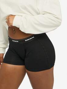 SUMWON WOMEN 女士高腰平角内裤，带logo饰带，弹性腰带，棉混纺弹力面料，家居服睡衣，贴身内衣，圣诞礼物 - 黑色 - 查看 6