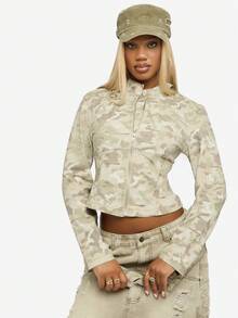 SUMWON WOMEN Cotton Women Fitted Camouflage Moto Jacket Urban Streetwear Zip Front Crop Military Fashion Fall Winter Outerwear With Mandarin Collar - Multicolor - View 1