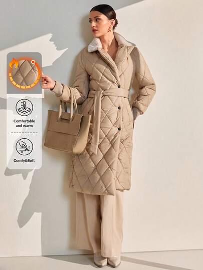 CLARA VERO Quilted Longline Coat With Faux Fur Collar, Diamond Stitch Puffer, Warm Button Up Outerwear, Cozy Winter Style