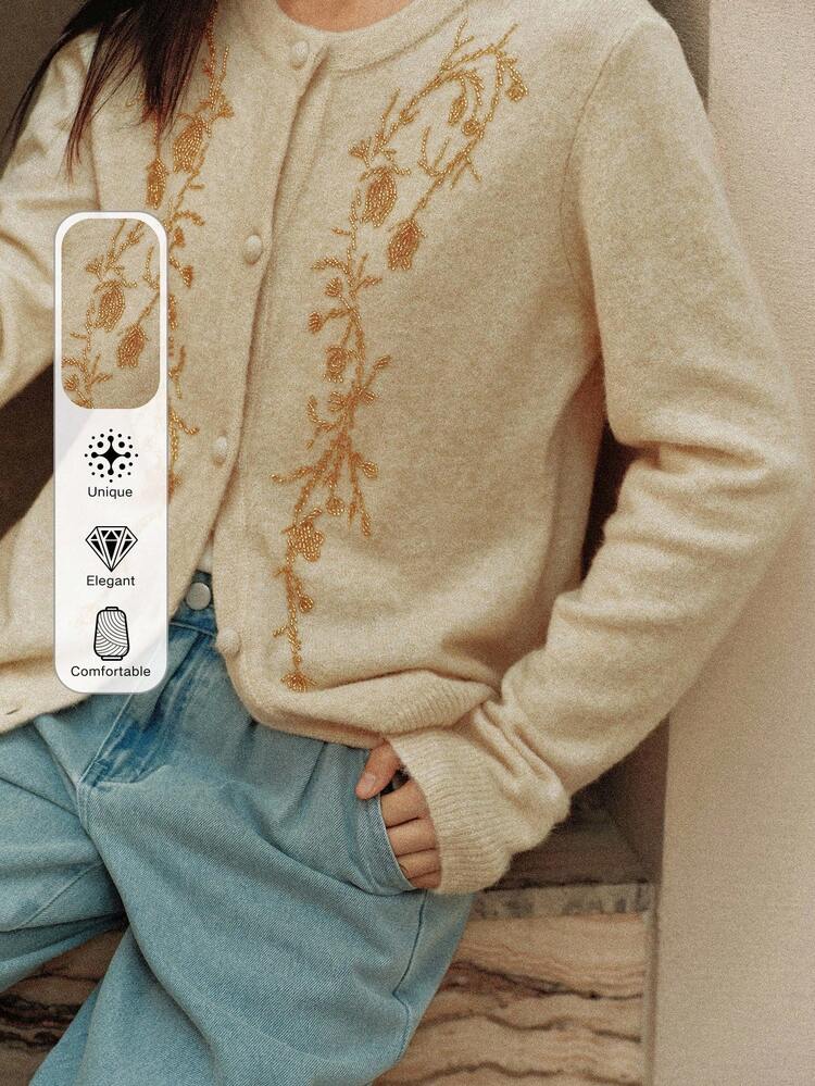 Autumn/Winter Loose Business Casual Commute Elegant Rhinestone Sequin Beaded Minimalist Floral Embroidery Knit Cardigan, Suitable For Wedding, Party
