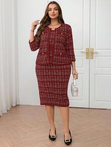 SHEIN Clasi Bộ 2 món thanh lịch, áo khoác hở trước tay 3/4 họa tiết kẻ caro cỡ lớn dành cho nữ, mùa thu - Màu Đỏ Sâu - Xem 1