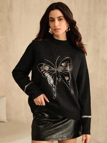 Anewsta Suéter oversize de mujer de alta gama con mariposa de lentejuelas, jersey de cuello alto de punto a la moda para otoño/invierno, elegante, chic, estiloso, adecuado para Navidad, Año Nuevo, salir - Negro - Ver 7