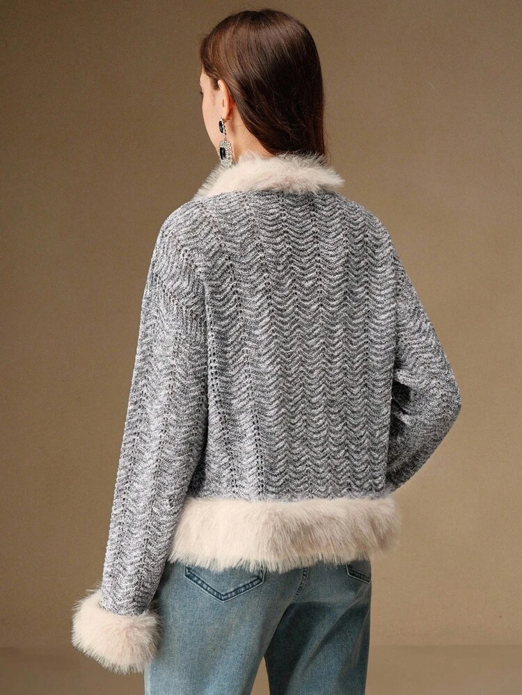 Women's Patchwork Faux Fur Collar Knit Cardigan Sweater