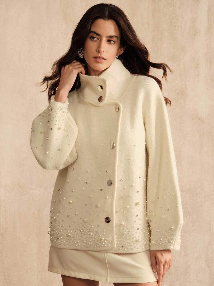 Women's Winter Cardigan With Luxurious Pearl And Rhinestone Embellishments, Elegant Outerwear For Women, Birthday