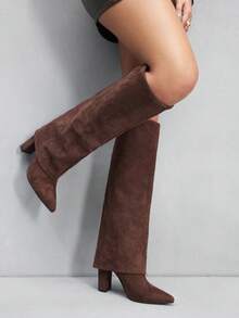 CUCCOO SZL 女士尖头粗高跟靴，棕色 PU 绒面革材质，分层设计，时尚简约，适合日常、派对、活动，侧拉链 - 棕色 - 查看 9